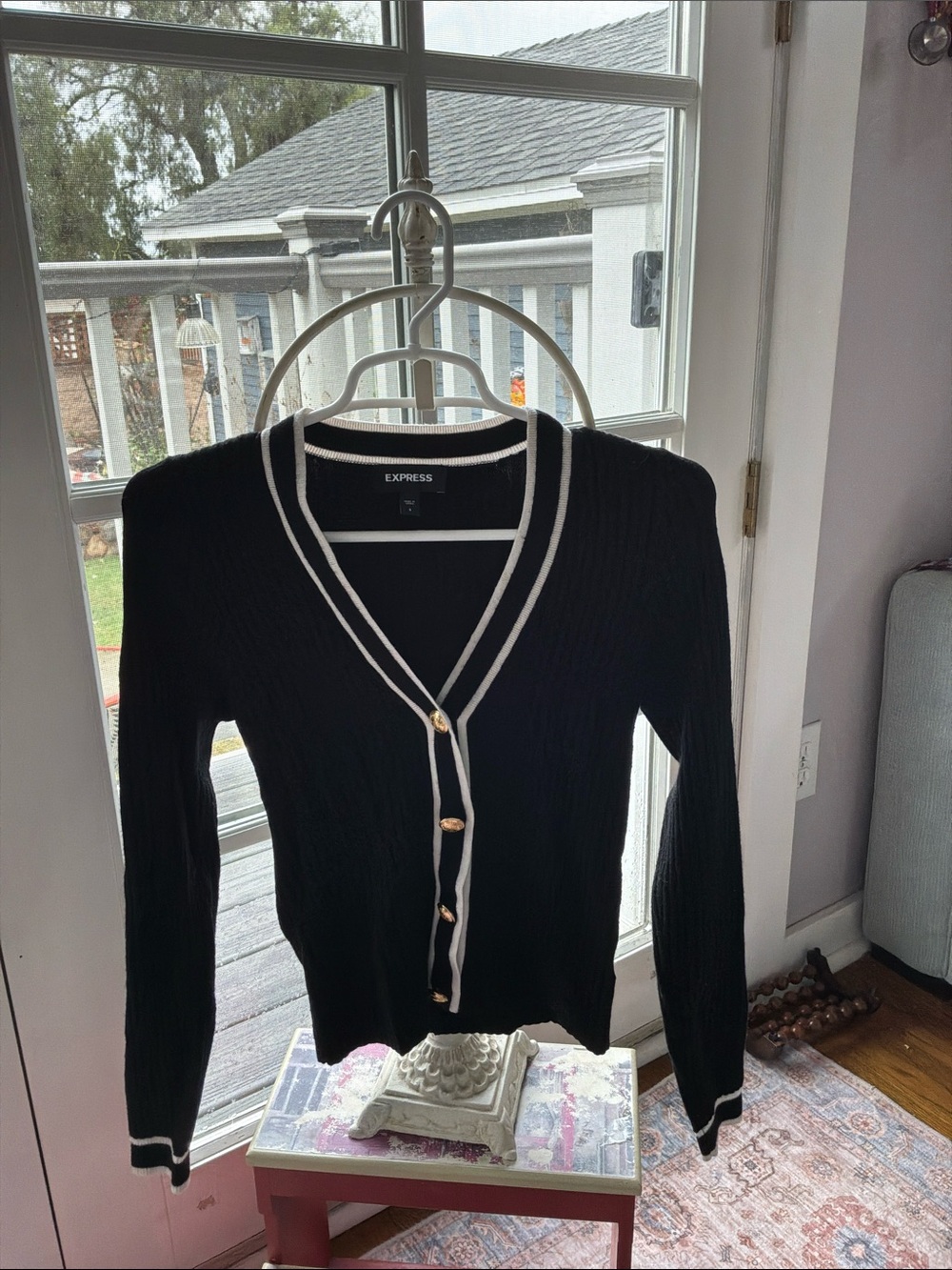 Express Black Cardigan with White Trim and Gold Buttons